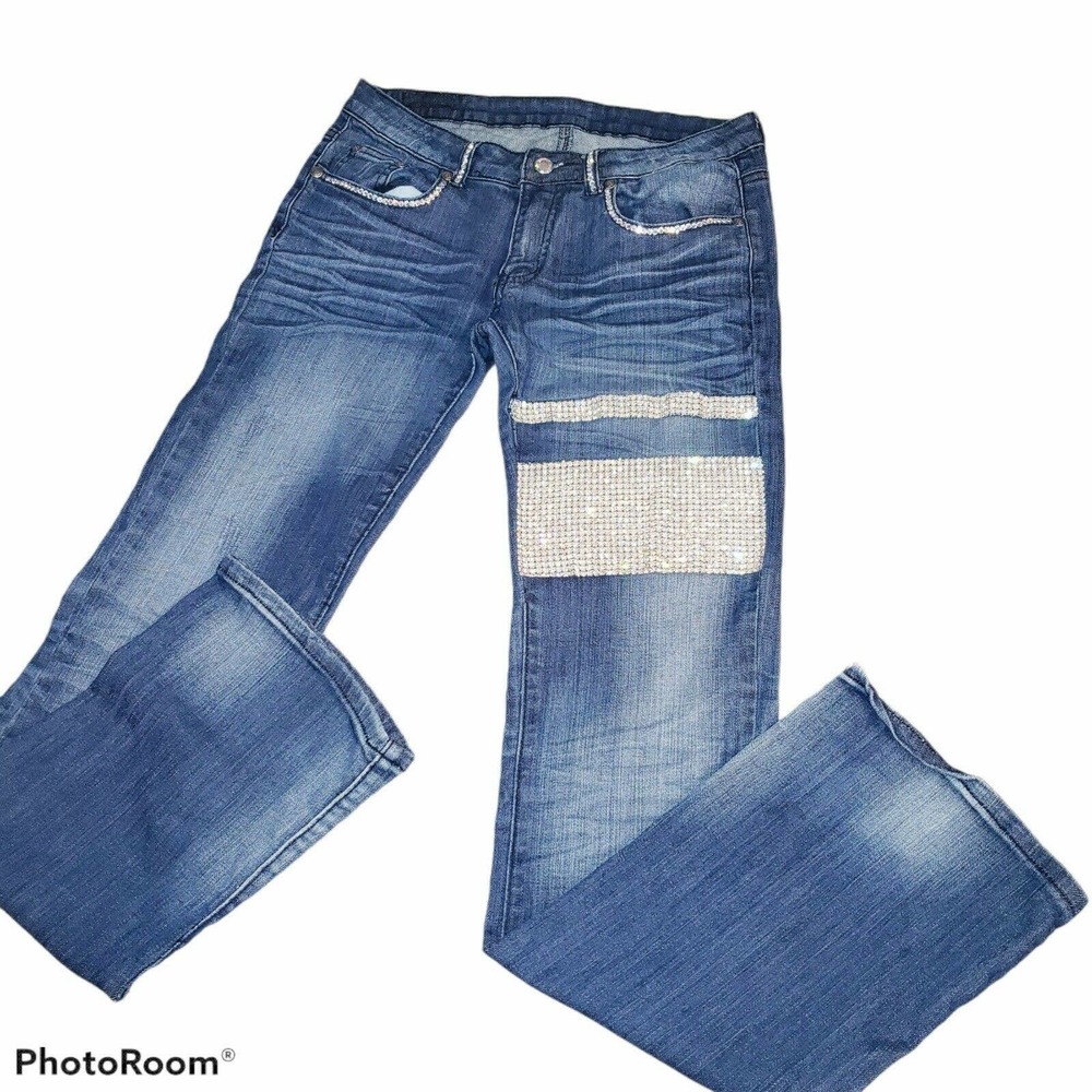 Womens Bling Rhinestone Patch Jeans Stretchy Bootcut Size 30 x 33 A1